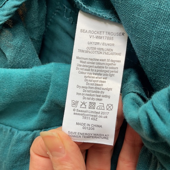 Size 8 100% linen Seasalt Cornwall UK Teal Sea Rocket Trouser, linen pants, US 8 - Picture 5 of 9